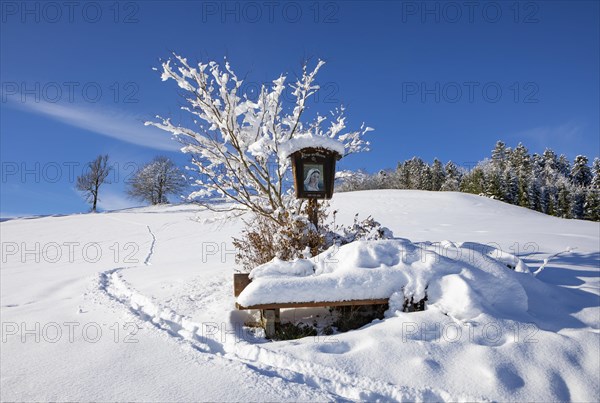 Snow-covered wayside shrine in Mondseeland