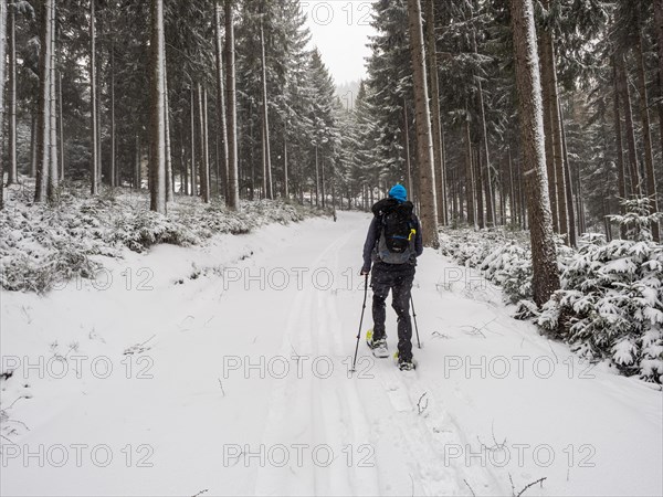 Snowshoe hikers during snowfall in winter