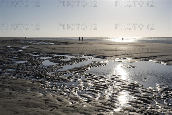 Walkers on the beach at low tide with tide pools