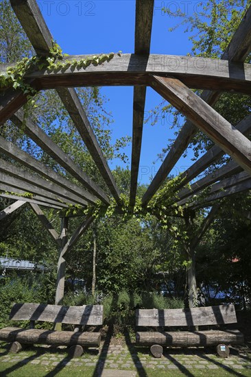 Wooden benches and pavilion in Donaupark