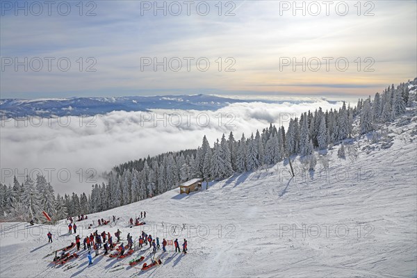 Winter sportsmen in snowy landscape