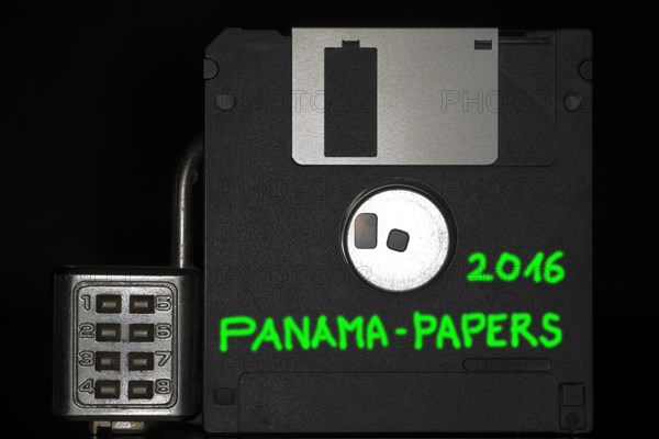 Floppy disc with padlock with the green inscription Panama Papers 2016