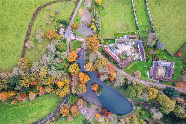 Top Down Panorama over Ugbrooke House and Gardens in the colors of fall over Devon