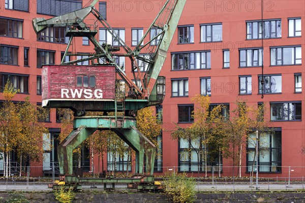 Old harbour crane in front of new building Landesarchiv North Rhine-Westphalia