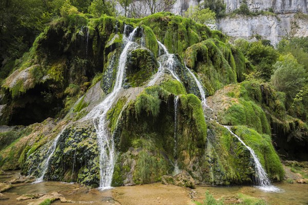 Waterfall and moss-covered rocks