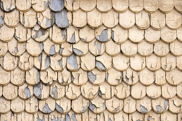 pattern of old wooden shingles with peeling paint