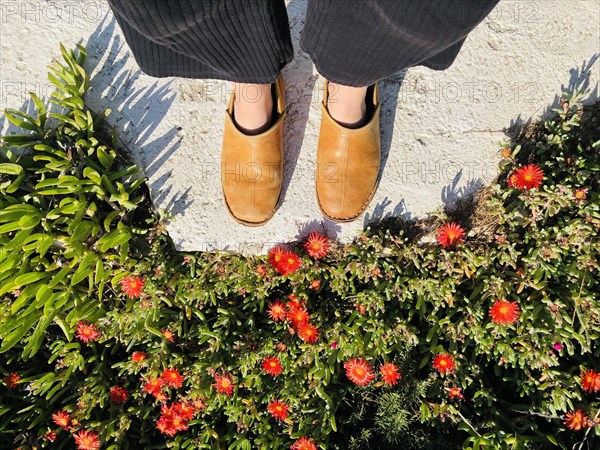 Feet with yellow leather slippers