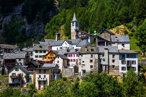 Characteristic old buildings in stone and wood in the village of Fusio