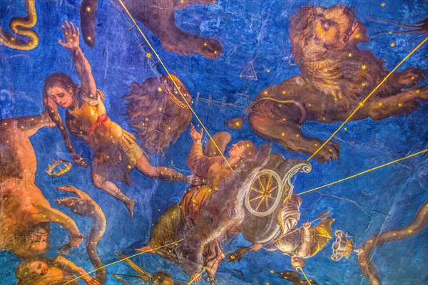 Astronomical fresco of Diana's chariot pulled by dogs between constellations