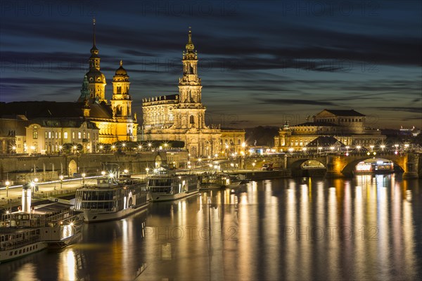 City view at blue hour with Elbe River and Bruehl Terrace