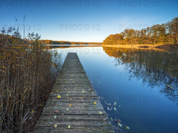 Bathing spot with wooden jetty in autumn