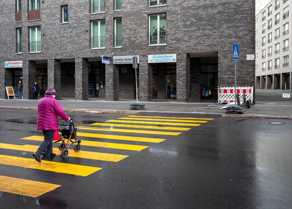 Senior citizen with walker crossing the street