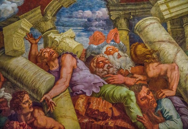 Most famous fresco of Mannerism: Giulio Romano's illusion invents a dome and dissolves the architecture of the room into the fall of the giants