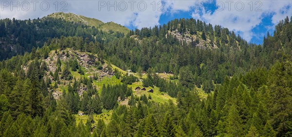 Characteristic old buildings in stone and wood in the mountains near the village of Fusio