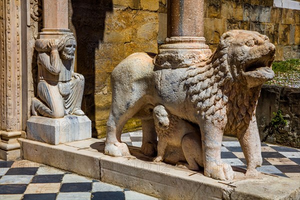 South entrance to the Cathedral of Santa Maria Maggiore with white lions