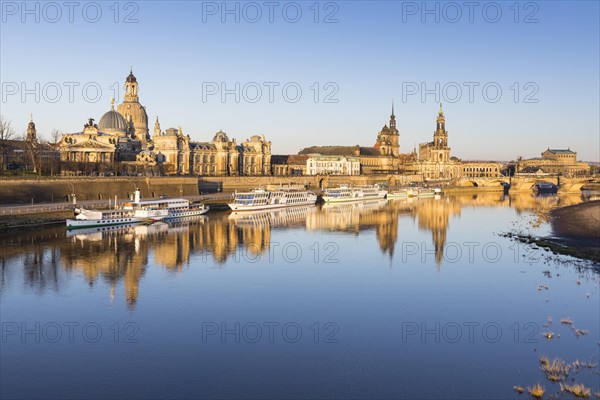 City view with excursion boats in the morning light with reflection in the Elbe