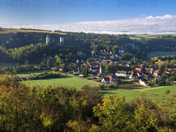 Saaleck village and castle ruins in the Saale valley in autumn