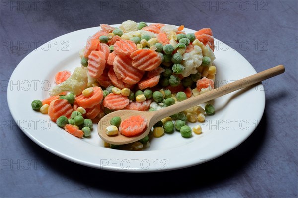 Frozen vegetables on plate with cooking spoon