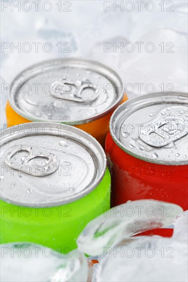 Drinks Lemonade Cola Soft drinks in cans Drinks cans on ice cube Ice cubes