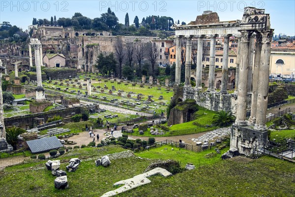 View of ruins with columns of Temple of Saturn