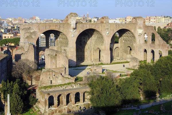 Bird's eye view of ruins of medieval porticus for trade in medicinal herbs and medicine in front