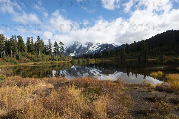 Mt. Shuksan glacier with snow reflecting in Picture Lake