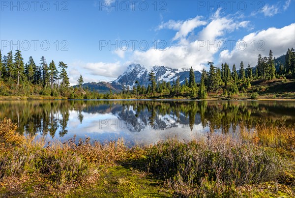 Mt. Shuksan glacier with snow reflecting in Picture Lake