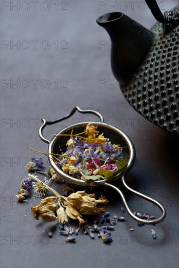 Tea blend in tea strainer