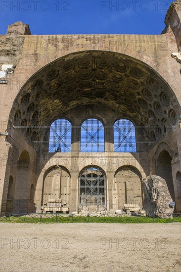 View of brick coffered ceiling in ruins of remaining side aisle of ancient Maxentius Basilica Constantine Basilica