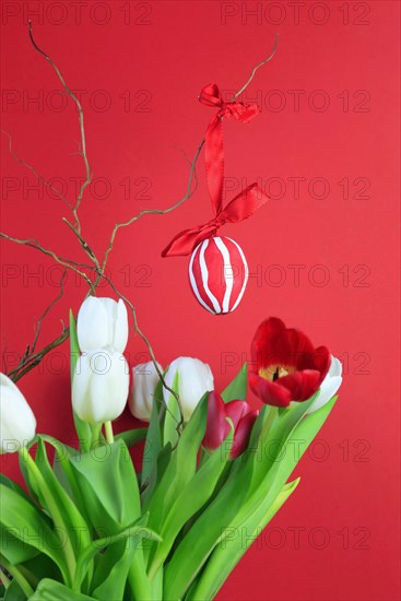 Bouquet of tulips with Easter egg
