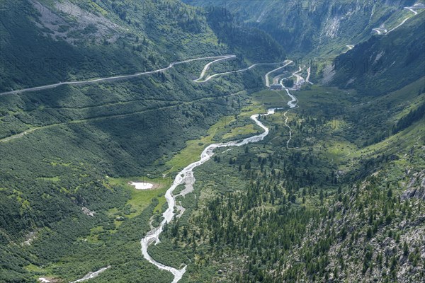 View from the Furka Road into the Rhone Valley with the Rhone River