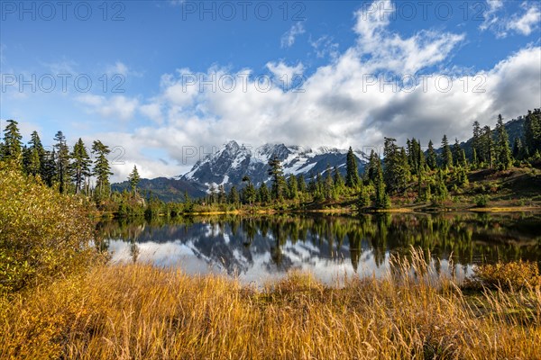 Mt. Shuksan glacier with snow reflecting in Picture Lake