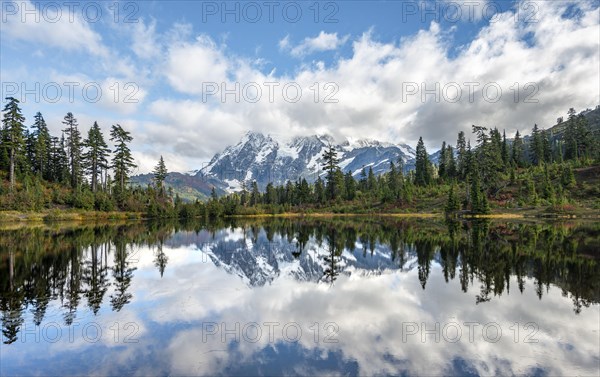 Mt. Shuksan glacier with snow reflecting in Picture Lake