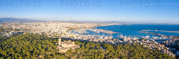 Castell de Bellver castle with harbour holiday travel aerial panorama in Palma de Majorca