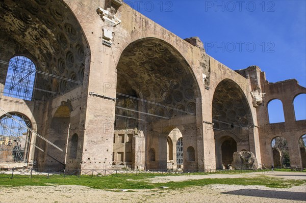 View of brick coffered ceiling in ruins of remaining side aisle of ancient Maxentius Basilica Constantine Basilica