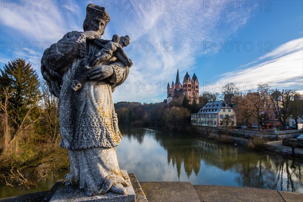 Limburg Cathedral from the Old Bridge with Starue St. John of Nepomuk. taken in the morning at sunrise