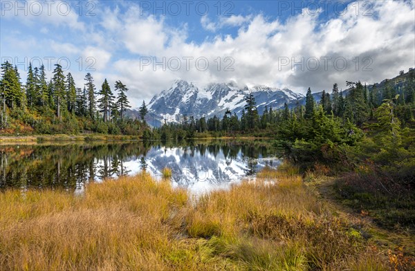 Mt. Shuksan glacier with snow reflecting in Picture Lake