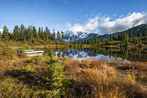 Mt. Shuksan glacier with snow reflecting in Picture Lake