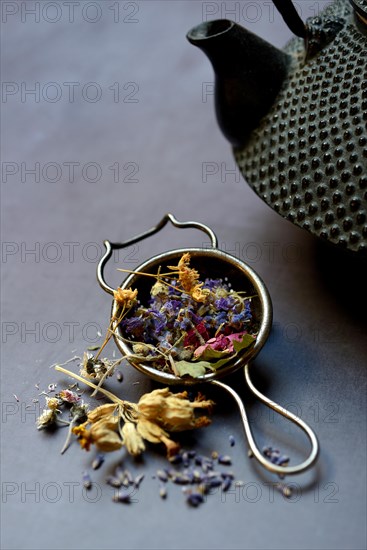 Tea blend in tea strainer