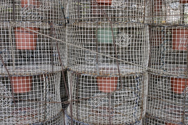 Stacked fish traps with cork buoys