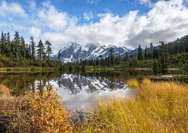 Mt. Shuksan glacier with snow reflecting in Picture Lake