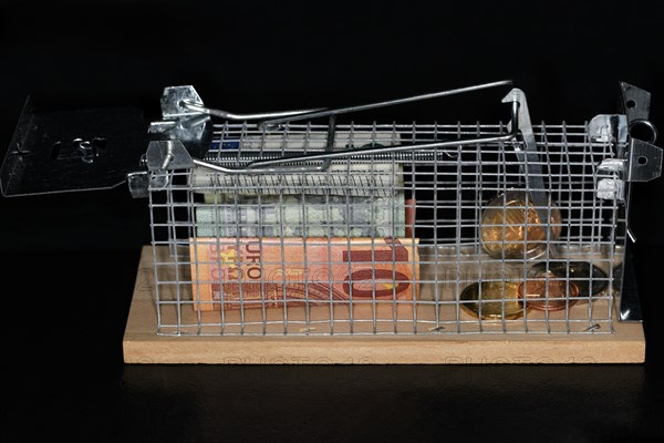 Euro coins and paper money lying in a live trap for mice