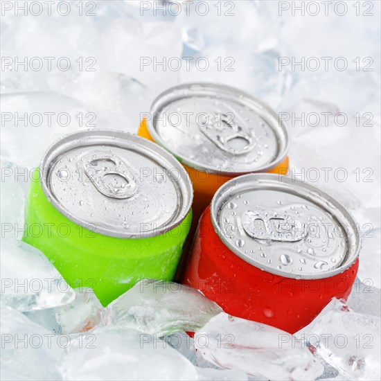 Drinks Lemonade Cola Soft drinks in cans Drinks cans on ice cube Ice cubes