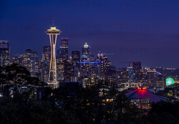 View over illuminated skyscrapers of Seattle