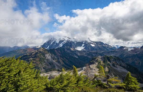View from Table Mountain of Mt. Shuksan with snow and glacier