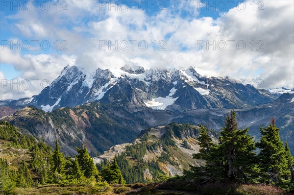 View from Table Mountain of Mt. Shuksan with snow and glacier