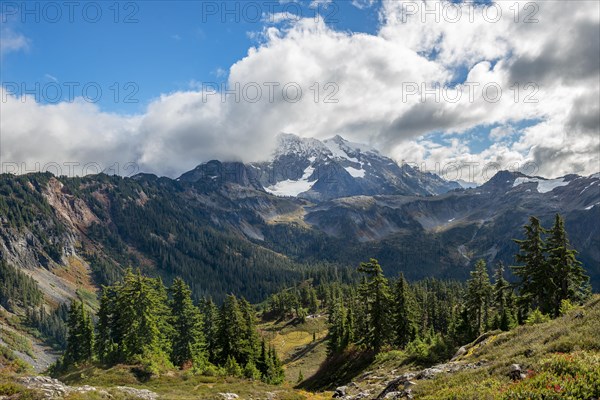 View from Table Mountain of Mt. Shuksan with snow and glacier