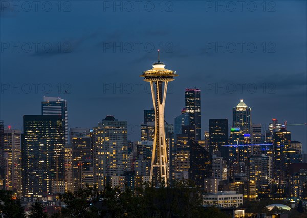 View over illuminated skyscrapers of Seattle