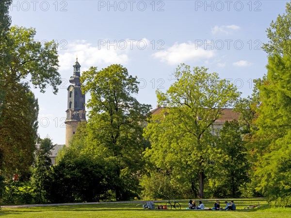 Park on the Ilm with a view of the city tower