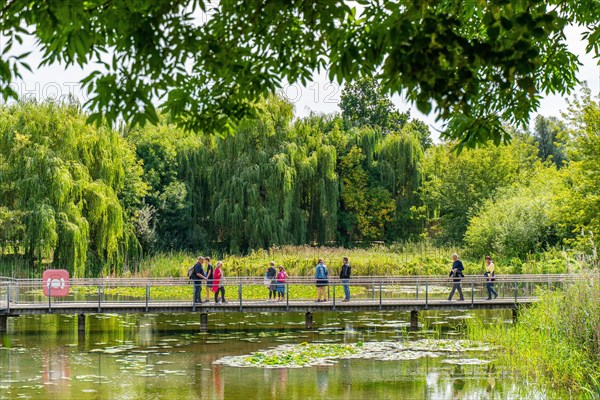 Visitors on a walk-in model of the solar system in the carp pond